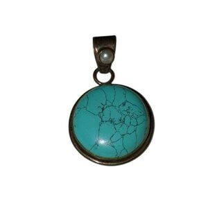 Vintage Silver Turquoise colored Pendant with Faux Pearl Accent 925